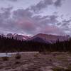 Early morning alpen glow on the mountains and glaciers of the Great Divide (left center), and Watchman Peak and its southeast shoulder (right center). Alexandra River is in the foreground on the left. Seen looking southwest from the Alexandra River flats.