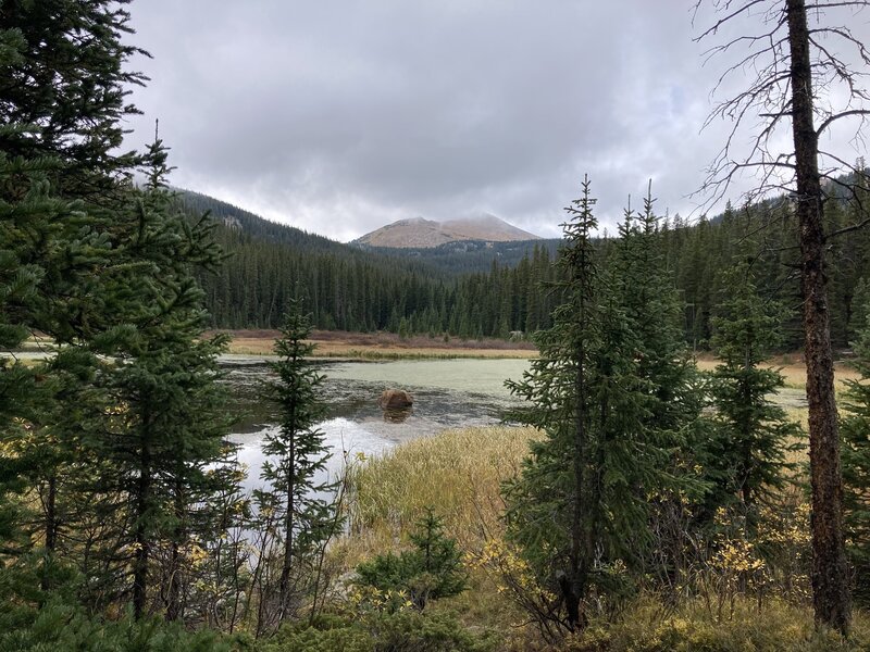 View of Grouse Mountain from the north side of Grouse Lake at the end of the trail.