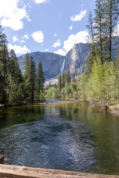 Merced River with Upper Yosemite Falls in the background.