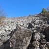 Looking up the rock pile to Blackrock from the viewpoint on Trayfoot Mountain trail underneath Blackrock Summit.