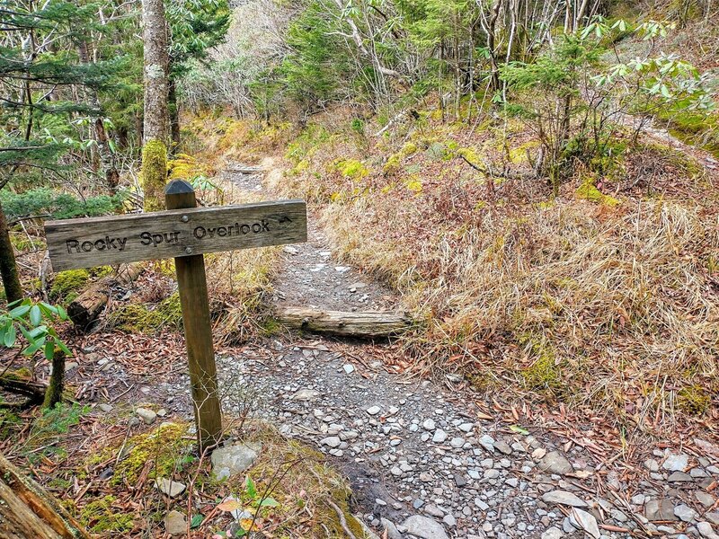 Trail sign off Rainbow Falls trail to the Rocky Spur Overlook.