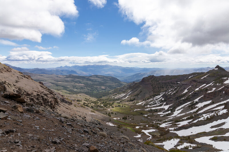 Looking down one of the valleys east of the Pacific Crest Trail.