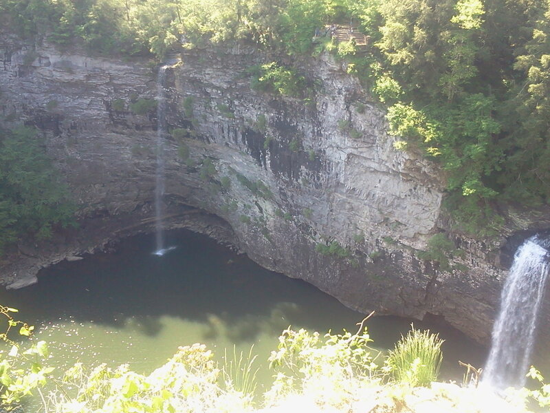 From the overlook across from the nature center showing Cane Creek Falls right and Rock House Creek Falls left with the main overlook platform between them.