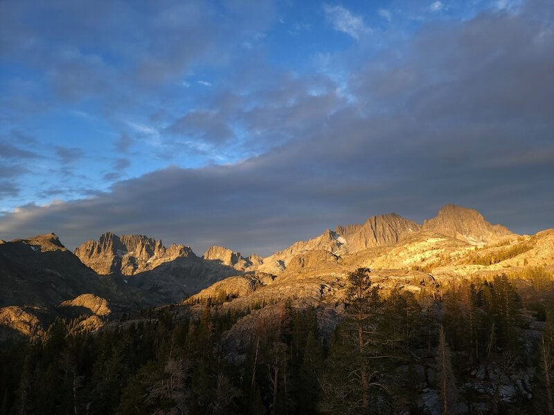 Clyde Minaret, Mount Ritter, and Banner Peak from above Clarice Lake