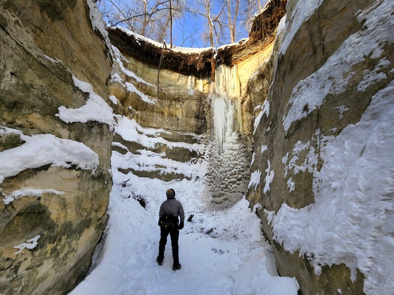 A frozen waterfall in the alcove at Lake Crosby Slot Canyon