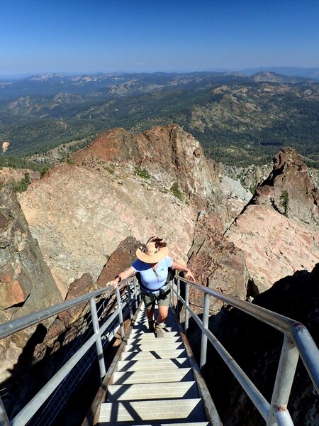 Climbing the stairs to the Sierra Buttes fire lookout.