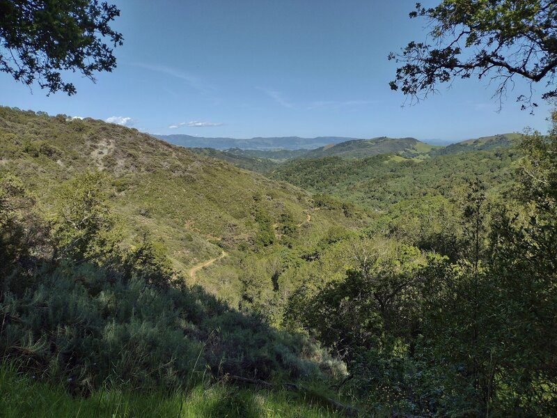 The Diablo Range is far in the distance, across Coyote Valley.  Nearby are the hills of Rancho Canada del Oro with their trails, one of which winds around below.  Seen looking east from high on Longwall Canyon Trail.