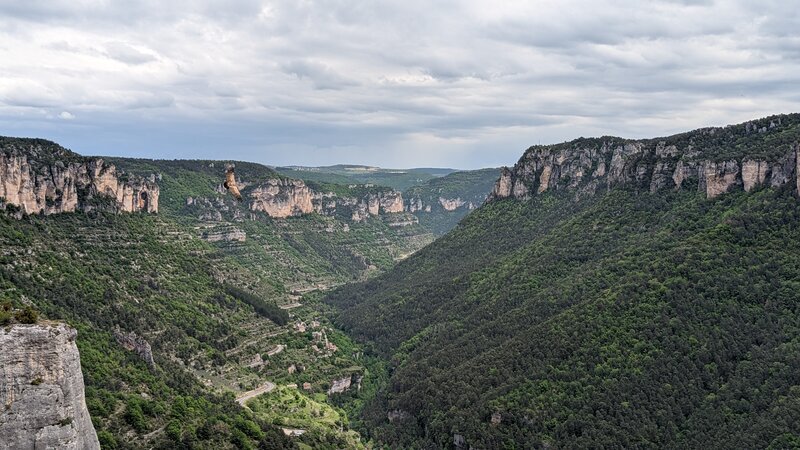 East view of the valley from Mejan and Tarn cliffs with a vulture flying.