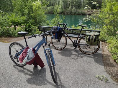 Trail of the Coeur d'Alenes is a long paved trail, great for bicycling and walking. The Coeur d'Alene River is in the background.