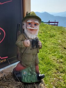 Hiker gnome at restaurant.