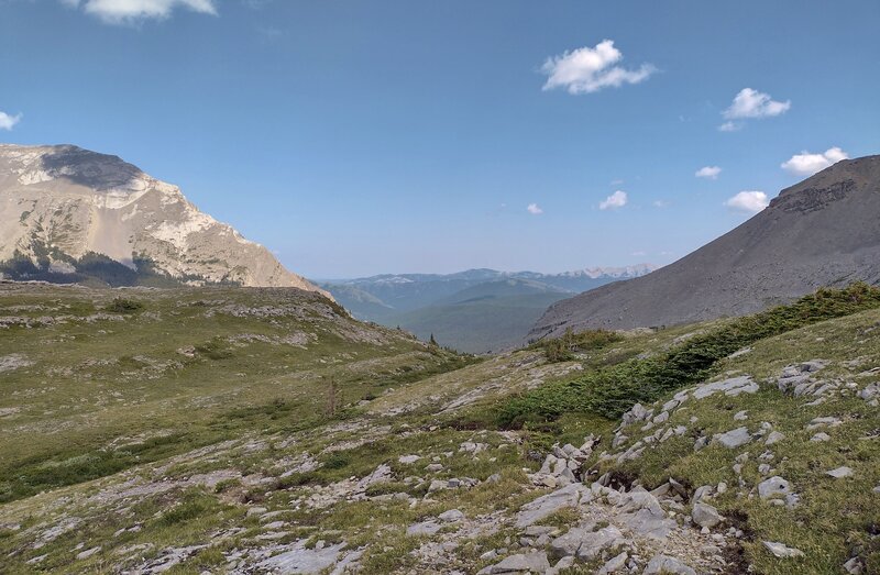 At Fording River Pass on the Great Divide, looking east into Alberta. Views of the Front Ranges.