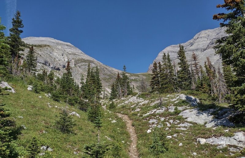 Tornado Saddle (center) to the west, seen as one climbs closer and closer towards it when hiking southbound on the Great Divide Trail (GDT).