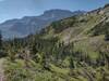 Nearby meadows and rugged mountains to the east, seen as one looks back when climbing to Tornado Saddle to the west. South Hidden Creek runs through the meadows in the nearby valley below.