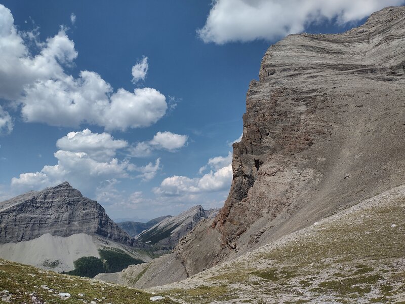 Tornado Mountain (right) looms nearby to the north. Funnel N3 (lower left) is to the northwest. The "trail" drops over the edge (lower center left) on the east side of Tornado Saddle.