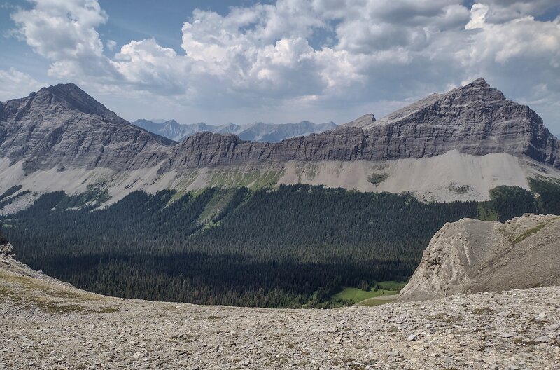 Funnel N3 (right) to the northwest, and Funnel Peak (left) to the southwest, are seen looking west from Tornado Saddle.