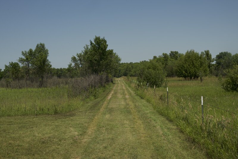The trail begins along a mowed path that borders the fence line.