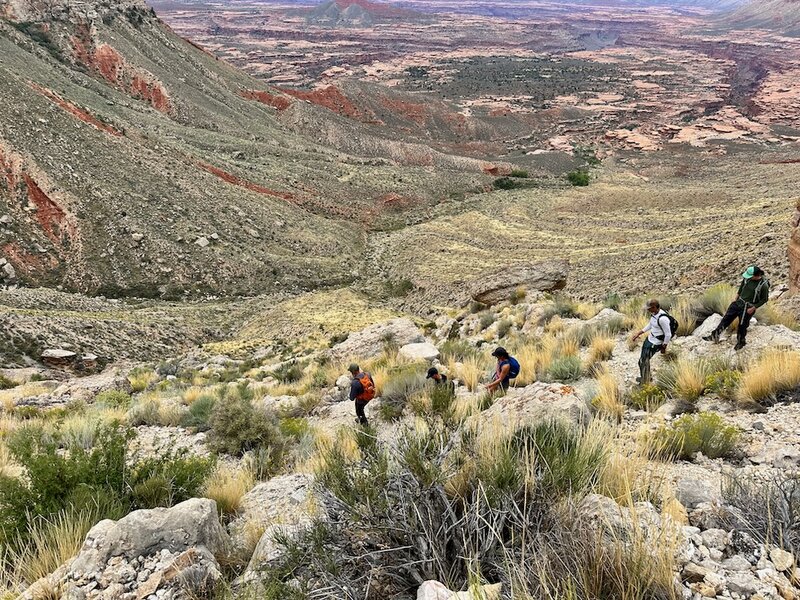 Heading down the steep section.