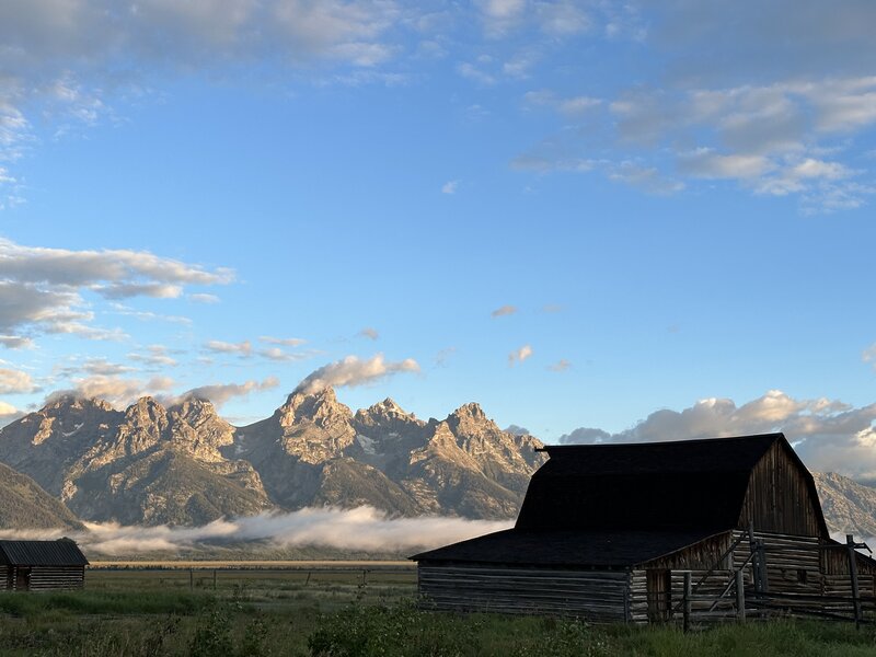 Iconic view of the barn with the Teton peaks in the background.