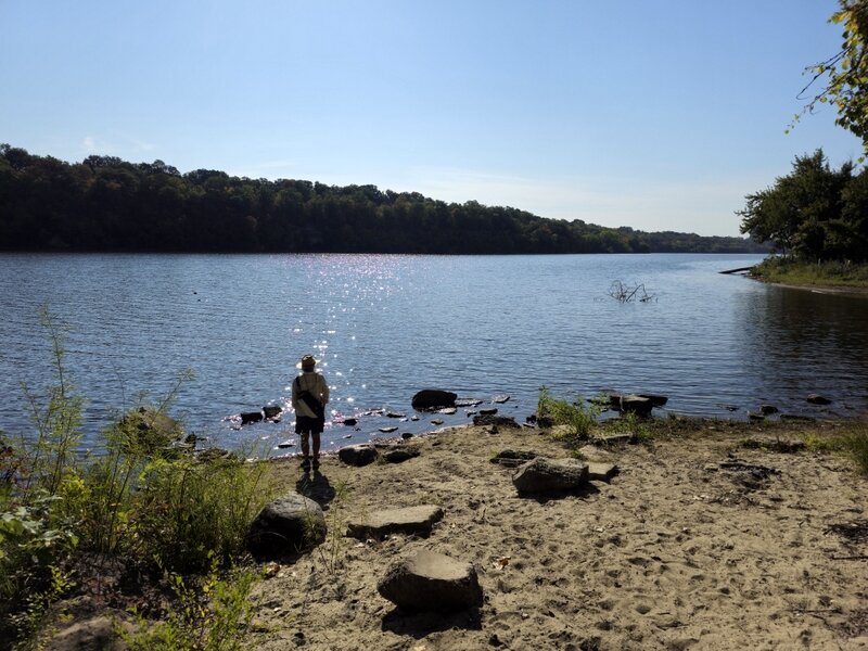 The small beach on the Mississippi River at the bottom of the steep slope.