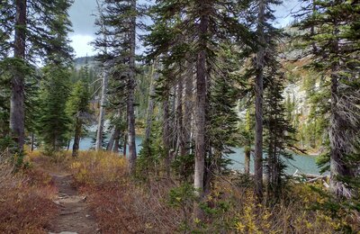 The second of the three Roman Nose Lakes appears through the trees as the trail rounds a bend.