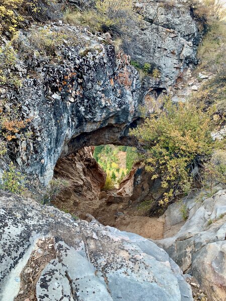 Looking through a tunnel in the caves