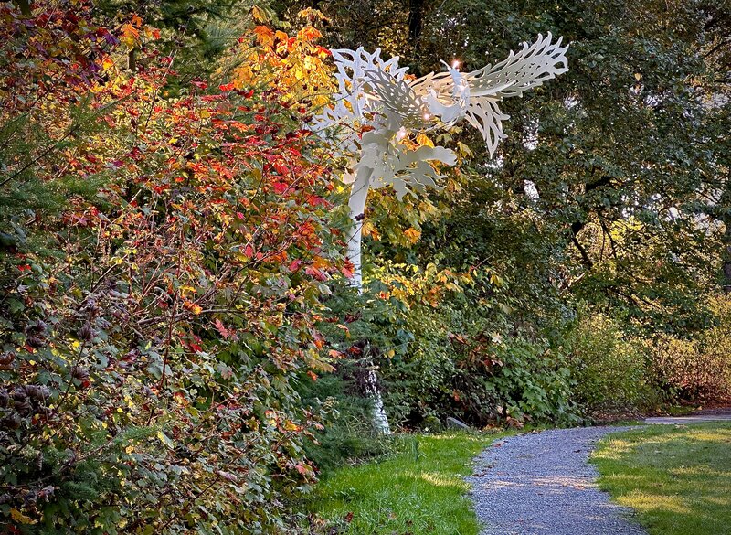 "Bounty" sculpture, installed in 2013 "as a threshold for Jackson Park Perimeter Trail," grows more interesting with passing years as vegetation approaches it.