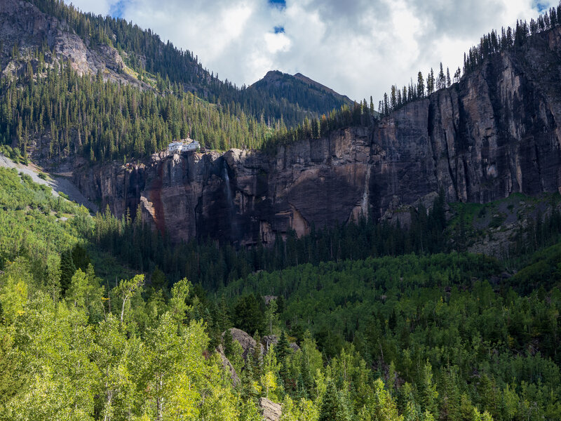 Views looking up to Bridal Veil Falls.