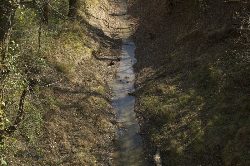 The trail crosses a bridge over a creek that is fed by the Echo River Spring.