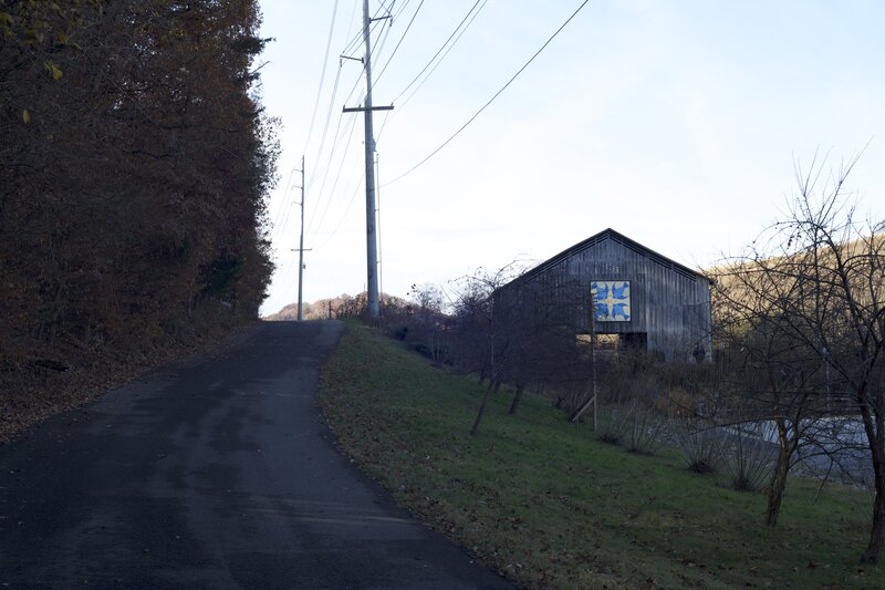 The Kelly Lane Greenway is a road that passes the Bluebird barn and borders woods on the left.