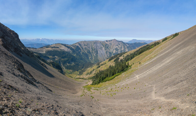 Looking down a drainage between Obstruction Peak and Elk Mountain.