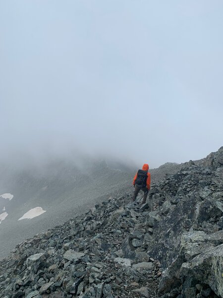 Descending the rocky ridge from Blanca's summit.