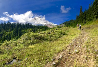 Hikers approaching Mount Baker.