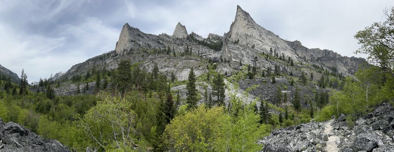 Left-to-right: Flathead Buttress, Shoshone Spire, Nez Perce Spire.