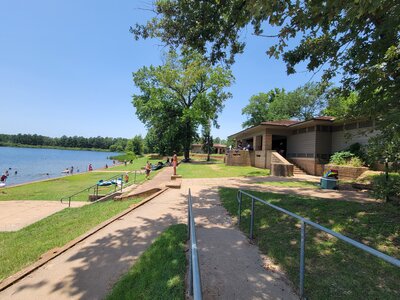 A nice swimming beach and the original CCC Bath House.