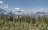 Mt. Sarrail, 10,400 ft. (left), Mt. Lyautey, 9,990 ft. (center left), Mt. Putnik, 9,645 ft. (center right), and Mt. Indefatigable, 8,760 ft. (right), rise above Upper Kananaskis Lake below. Lower Kananaskis Lake (right) is below Mt. Indefatigable.