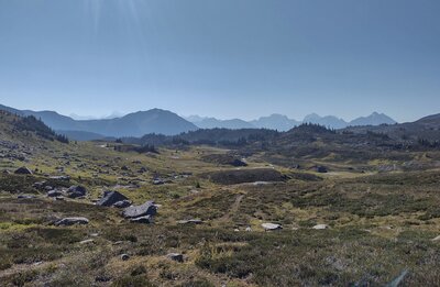 Alpine meadows, rugged mountains near and far. Mt. Robson, tallest in the Canadian Rockies at 12,972 ft. (left, if you look closely) in the far distance 25 miles/40 km away. Seen looking southeast in the meadows at the base of Jackpine Mountain.