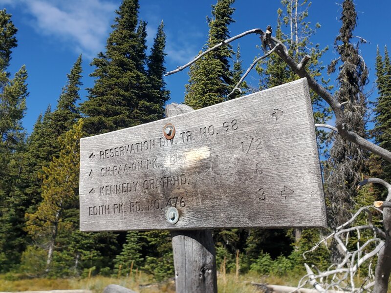 Trail junction sign of the Reservation Divide Trail and the Ch-Paa-qn Peak Trail.