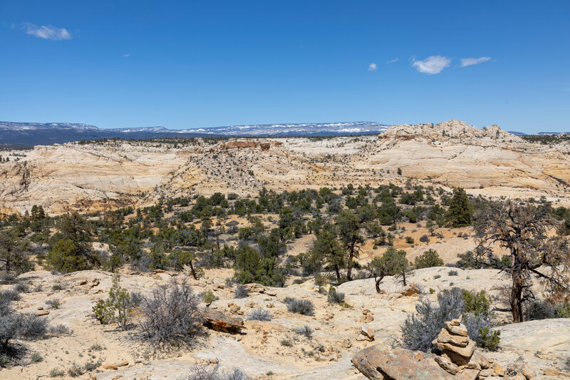 The snow covered Boulder Mountains framing the slickrock of Grand Staircase.