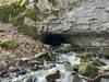 Water flowing out of the mouth of the cave.