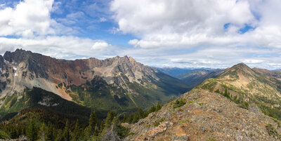 Panorama from Grasshopper Peak with Azurite Peak, Mount Ballard, and Syncline Mountain.