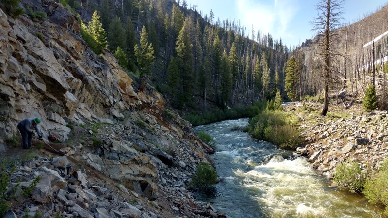 Marsh Creek below the trail being repaired in a tricky steep area.