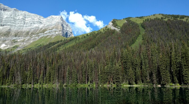 Sarrail Ridge with its alpine meadows, overlooks the north side of Rawson Lake.