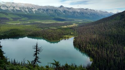 Lower Elk Lake below. The Elk River Valley stretches into the distance, with its eastern slopes on the far side of it. This is the view from the end of Viewpoint Trail - definitely worth the effort.