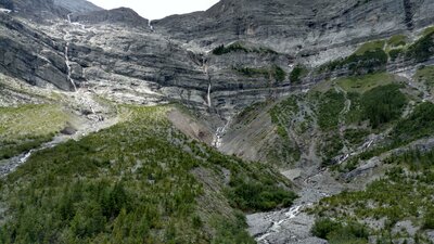 Amphitheater of waterfalls. The largest, Petain Falls, is just out of sight on the right. Glaciers (out of sight) above these cliffs, feed all these waterfalls.