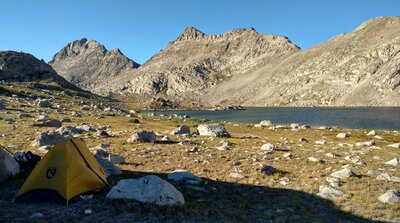 North end of Bewmark Lake on a perfect August evening. On the left is an unnamed peak, and Odyssey Peak (12,062 ft.) is in the center. Both peaks are on the Continental Divide.