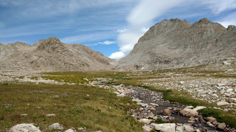 The Bewmark Lake inlet creek flows through alpine meadows, with Photo Pass (center) in the distance, on a pretty August day.