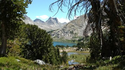 Nylon Peak and Middle Fork Lake through an opening in the trees along Bewmark Lake Trail.