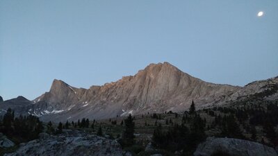 Pronghorn Peak (left) and Dragon Head Peak (right) in the early morning, of a clear moonlit night.
