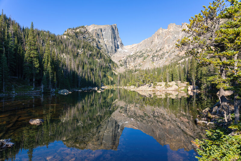 Dream Lake with Hallett Peak towering in the distance.