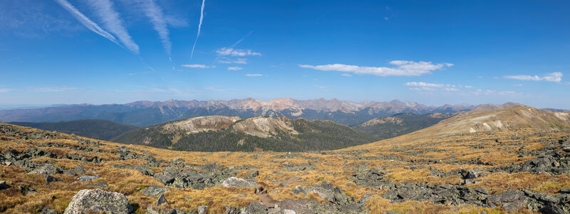 Panorama across the Never Summer Mountains and Gray Jay Mountain.